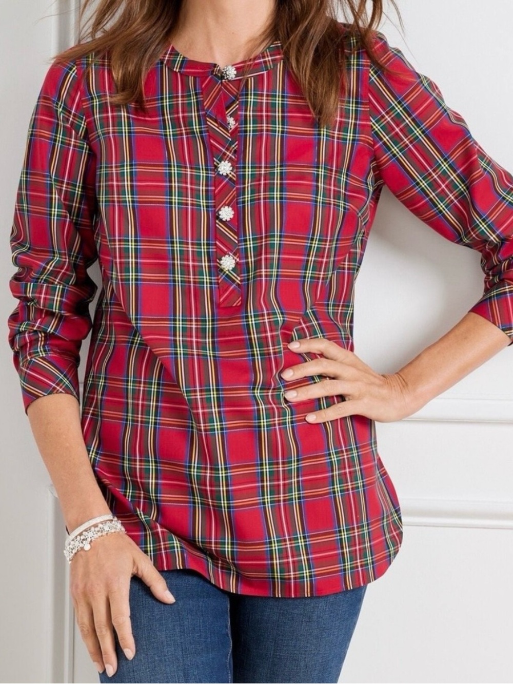 NEW WITH TAGS Talbots Red Plaid Jeweled Button-Front Holiday Blouse